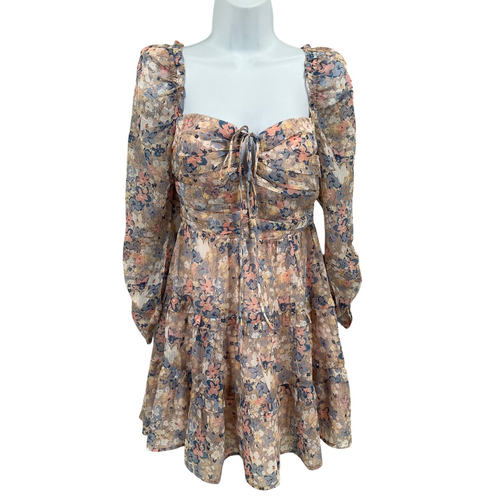 ASTR Mini Dress Womens S Blue Pink Floral Boho Tiered Ruffle Party Fairycore